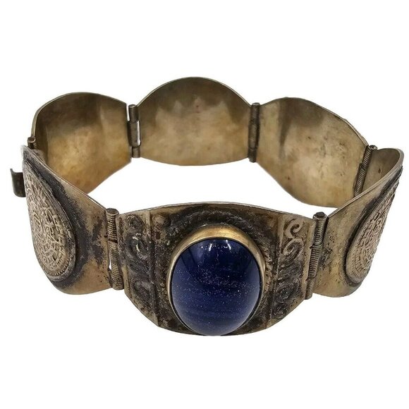 Vintage Made in Mexico 925 Sterling Lapis Stone Aztec Mayan Calendar Bracelet - Picture 3 of 12